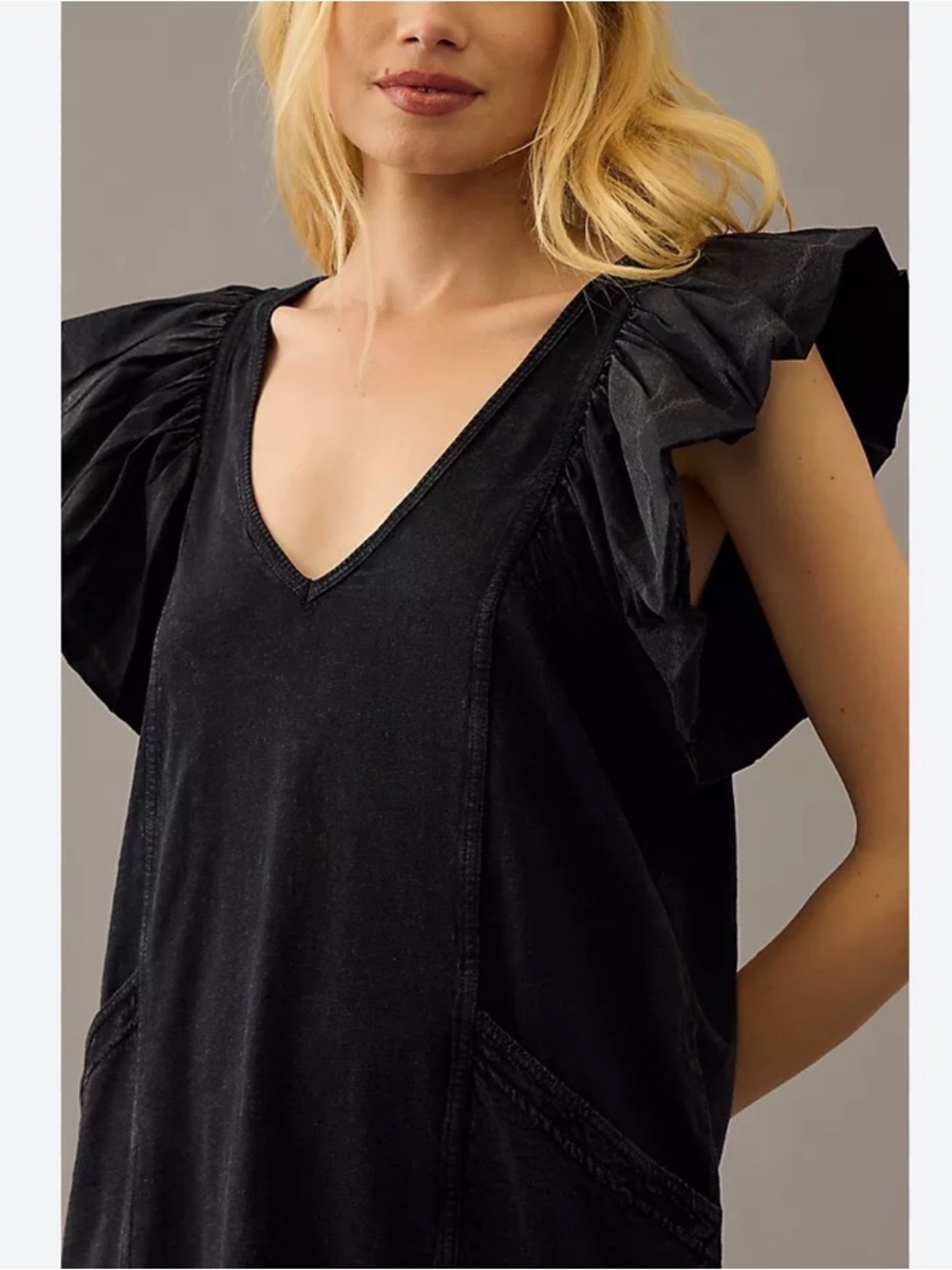 Daily practice anthropologie V-Neck Black Ruffle Sleeve Midi malibu Dress